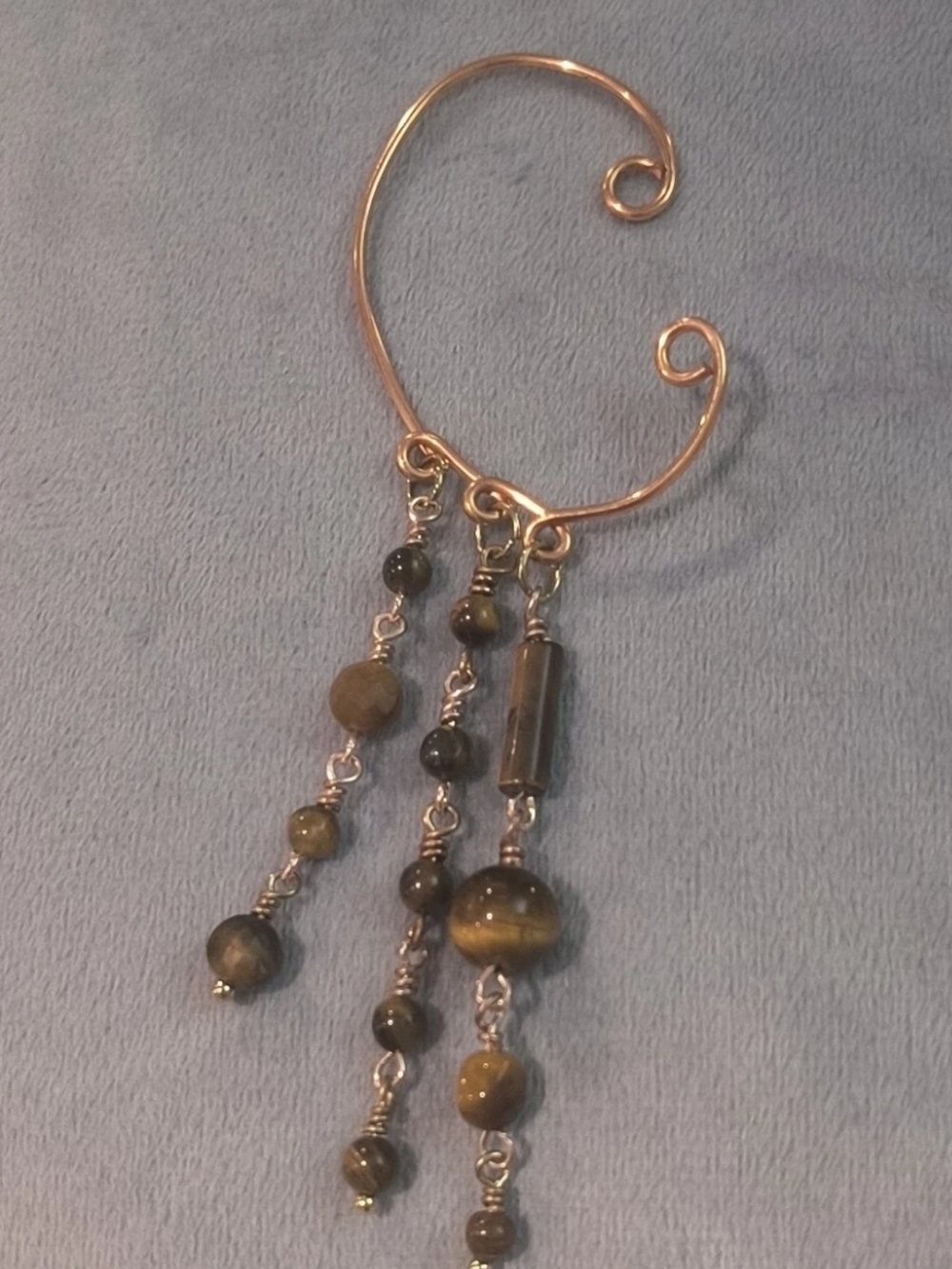 Hippie Jewelry Handcrafted Tiger Eye Dangle Ear Cuff - Gold Tone